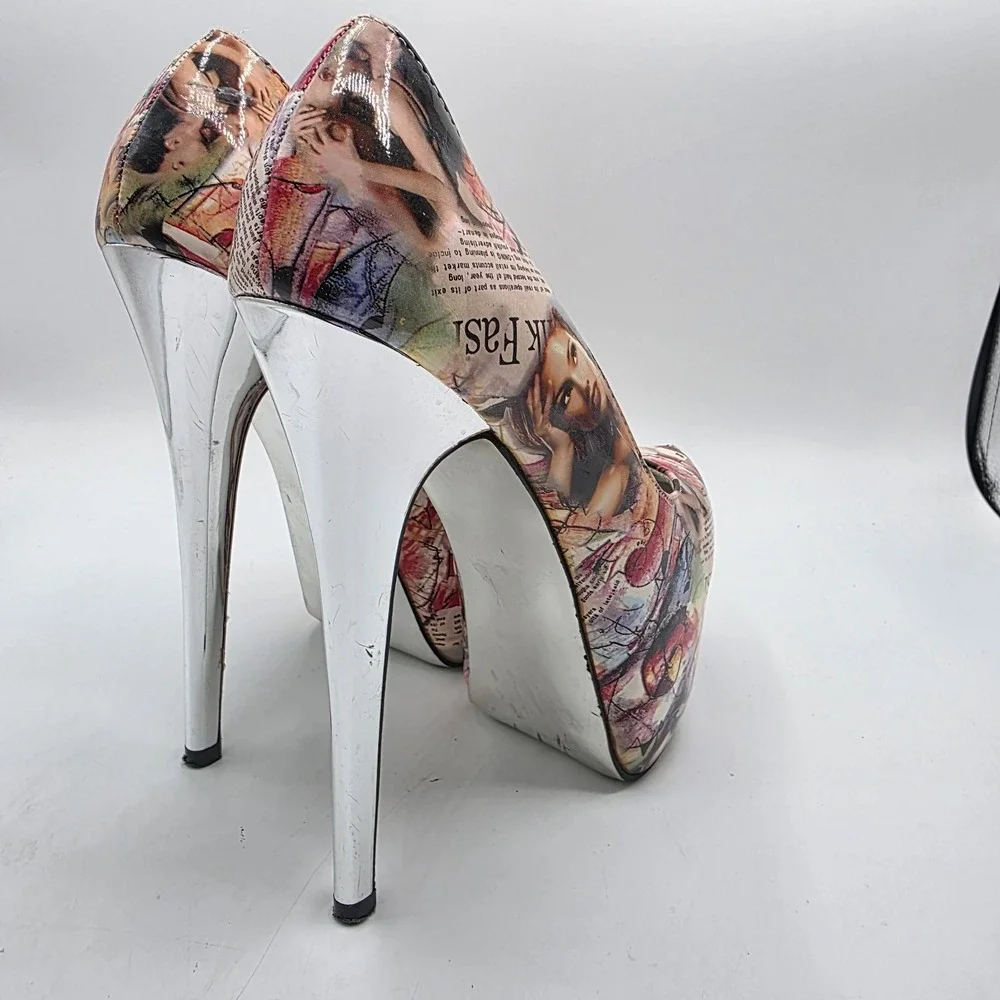 Rosette Platform Stiletto Heels 8 Magazine Collage Print Stripper Clubwear Elle
